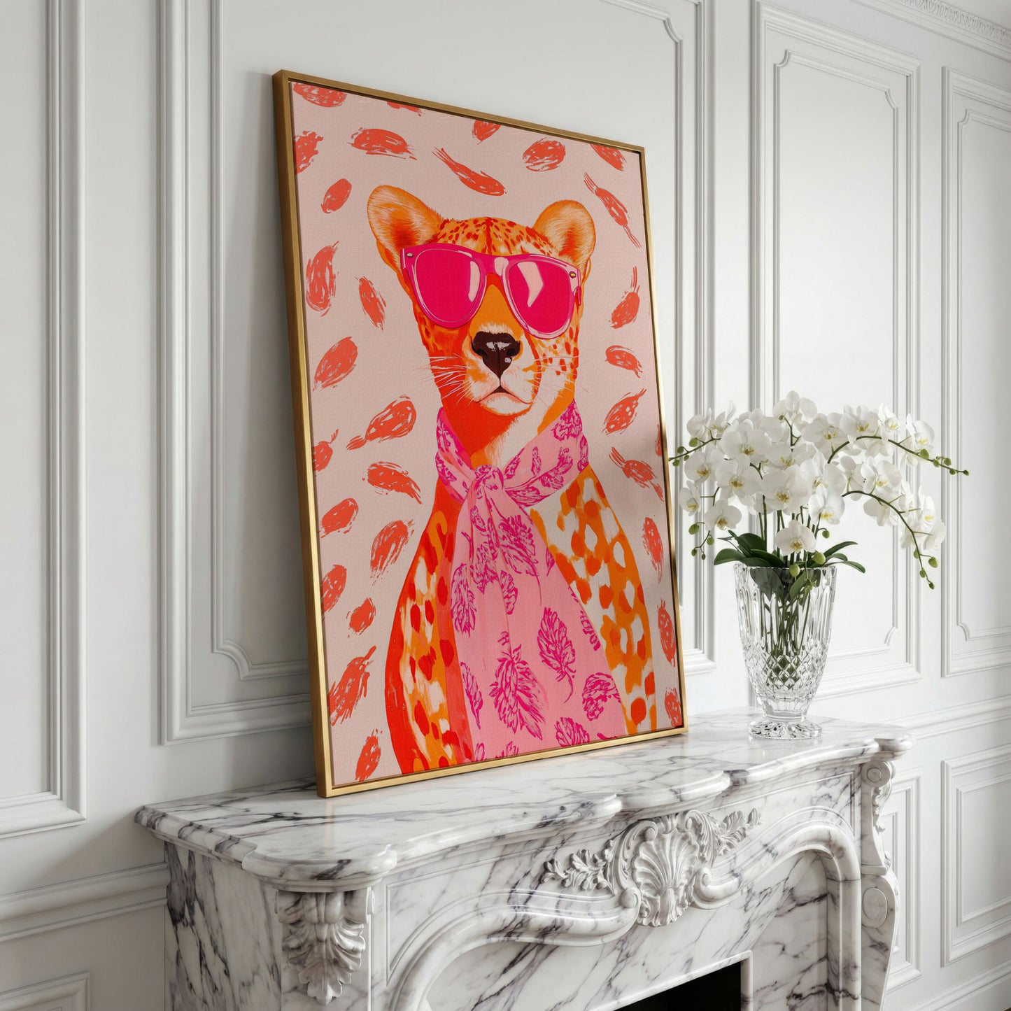 Pink Cheetah in Sunglasses Canvas Print in yellow gold floating frame