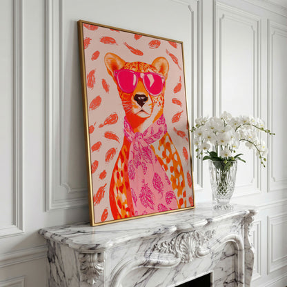 Pink Cheetah in Sunglasses Canvas Print in yellow gold floating frame