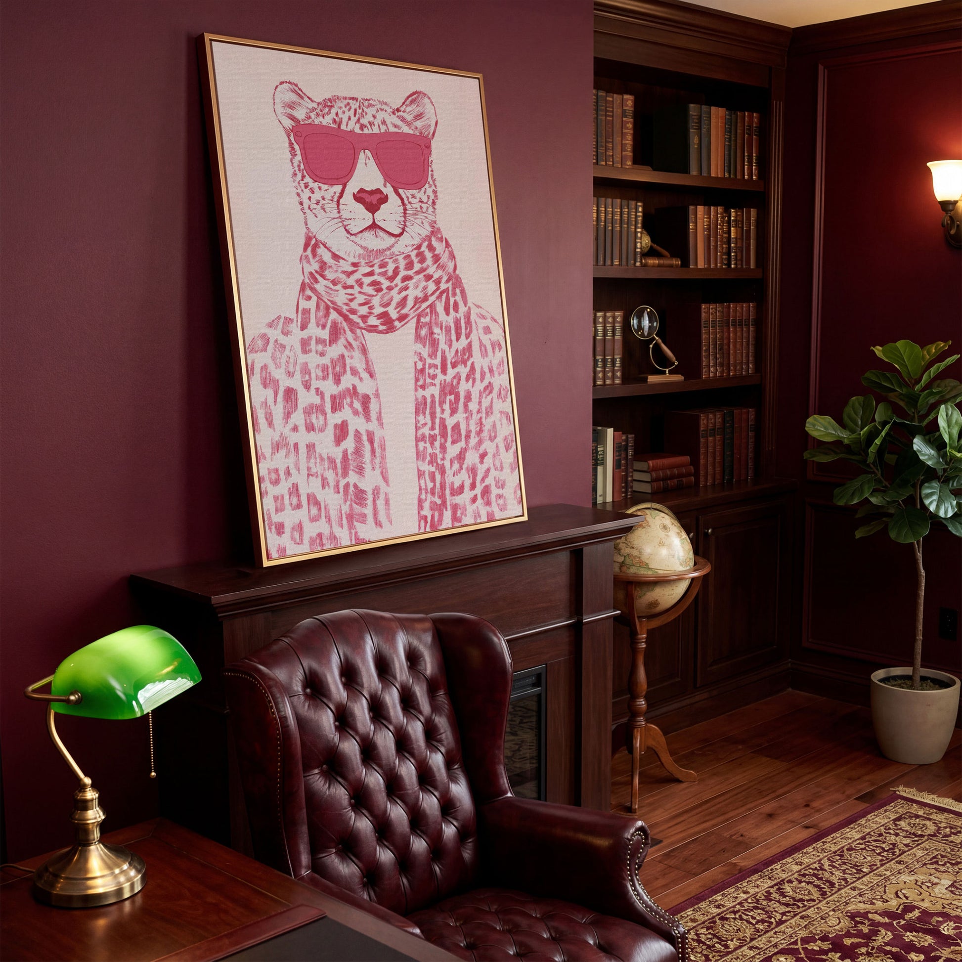 Stylish Cheetah with Pink Sunglasses Canvas Print in antique gold floating frame