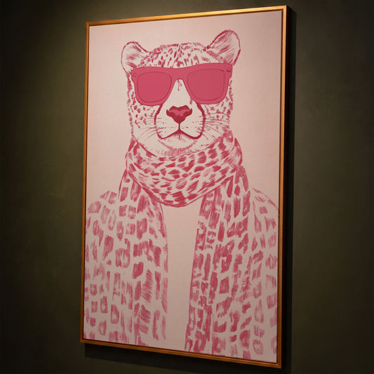 Stylish Cheetah with Pink Sunglasses Canvas Print shown in antique gold floating frame