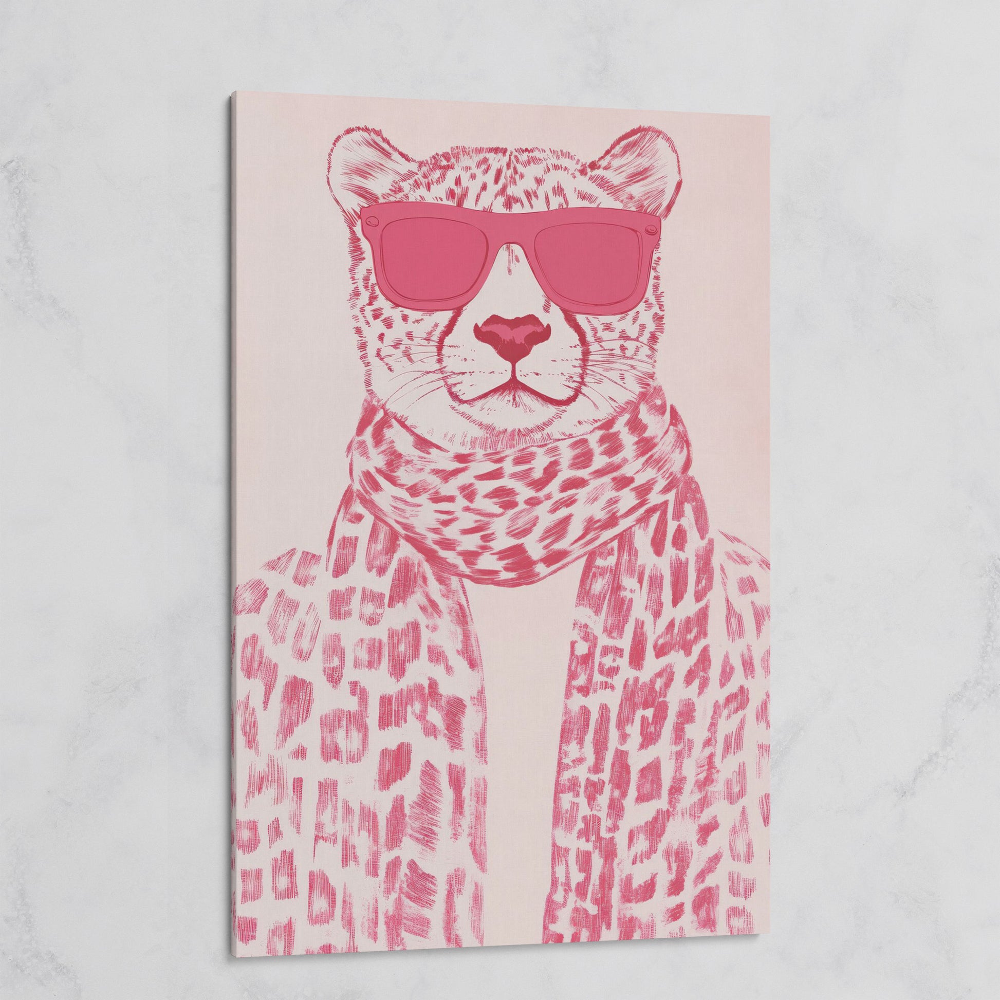 Stylish Cheetah with Pink Sunglasses Canvas Print on gallery wrap