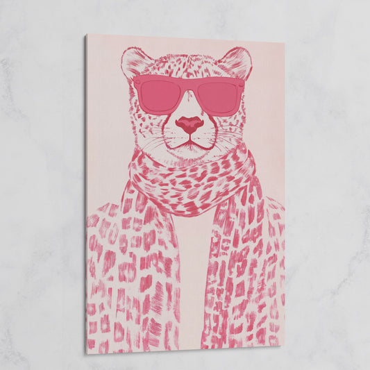 Stylish Cheetah with Pink Sunglasses Canvas Print on gallery wrap
