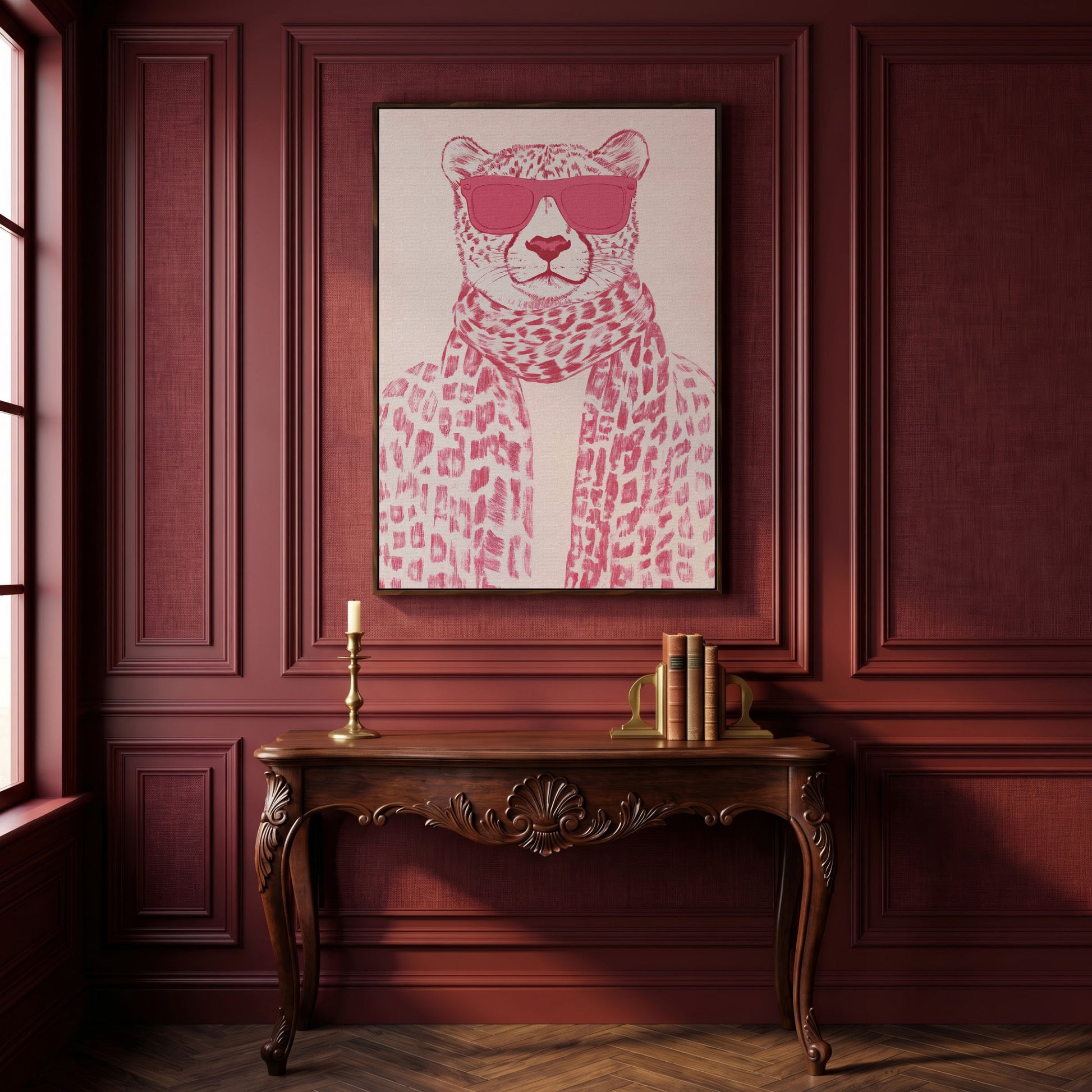 Stylish Cheetah with Pink Sunglasses Canvas Print in dark walnut floating frame