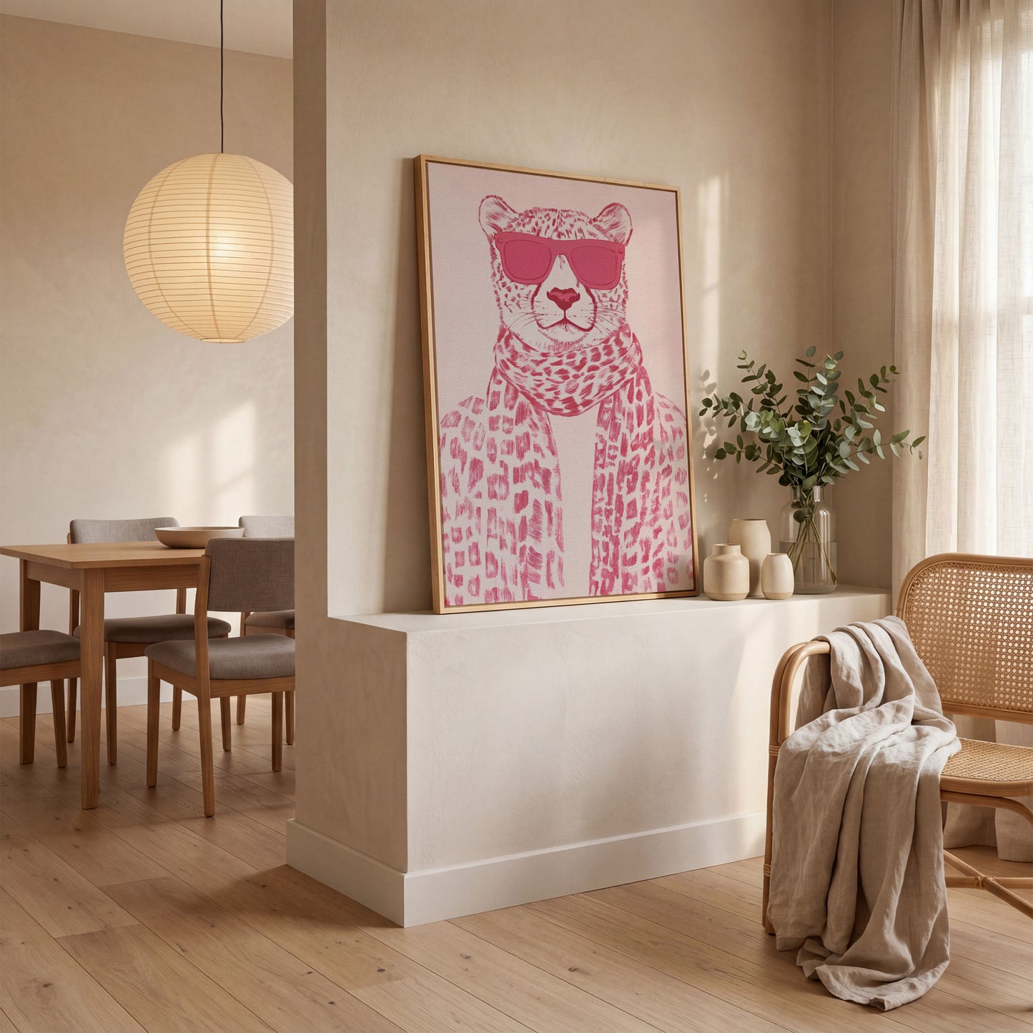 Stylish Cheetah with Pink Sunglasses Canvas Print in white oak floating frame