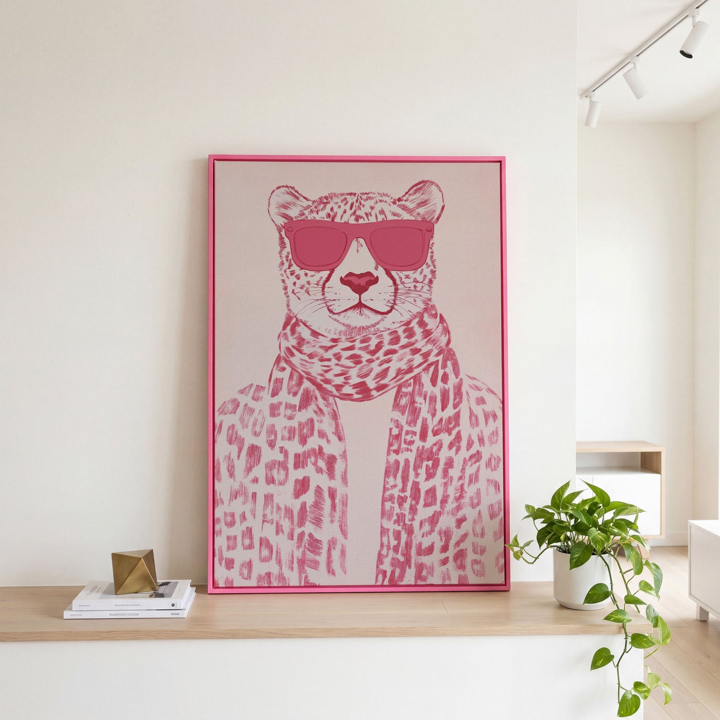 Stylish Cheetah with Pink Sunglasses Canvas Print in pink floating frame