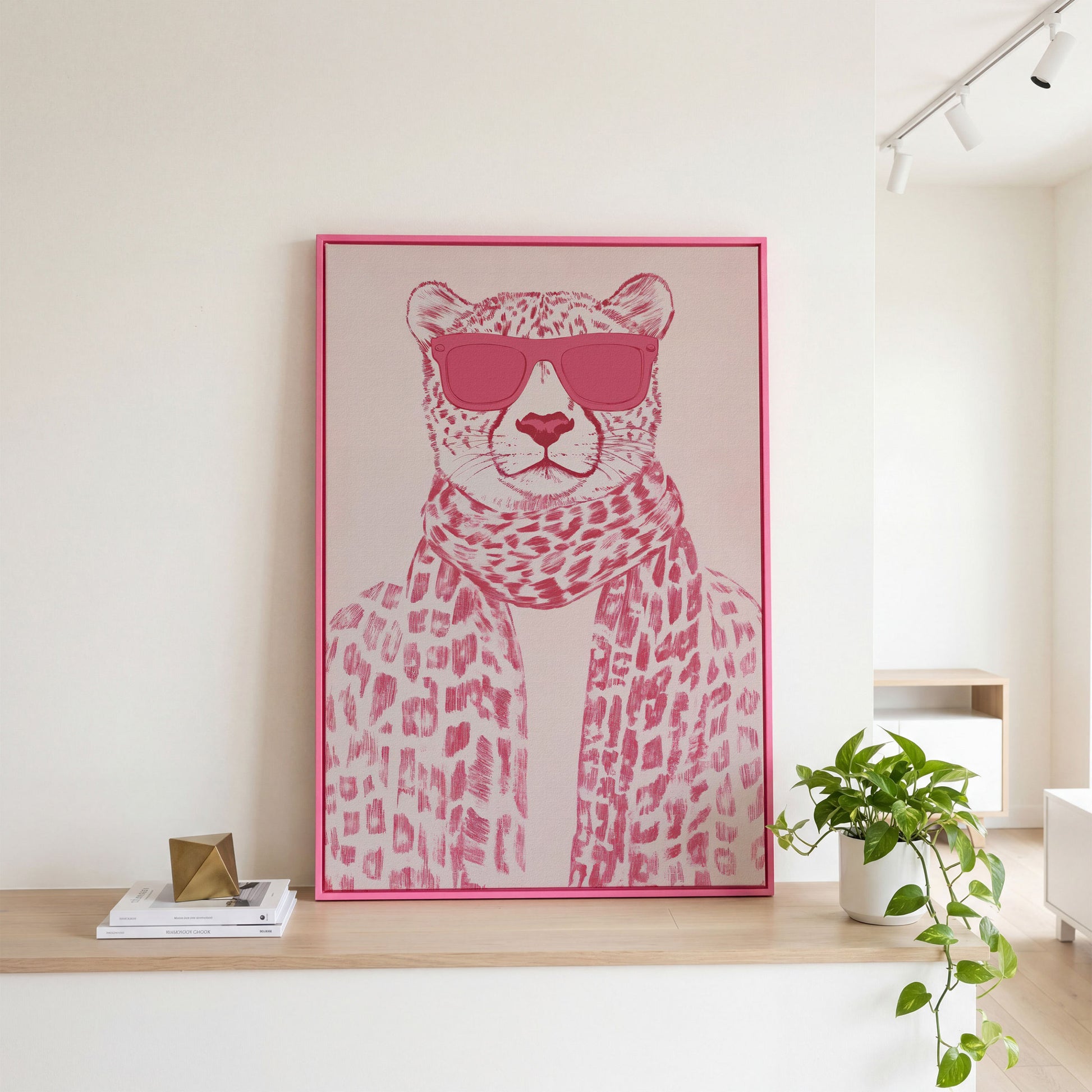 Stylish Cheetah with Pink Sunglasses Canvas Print in pink floating frame
