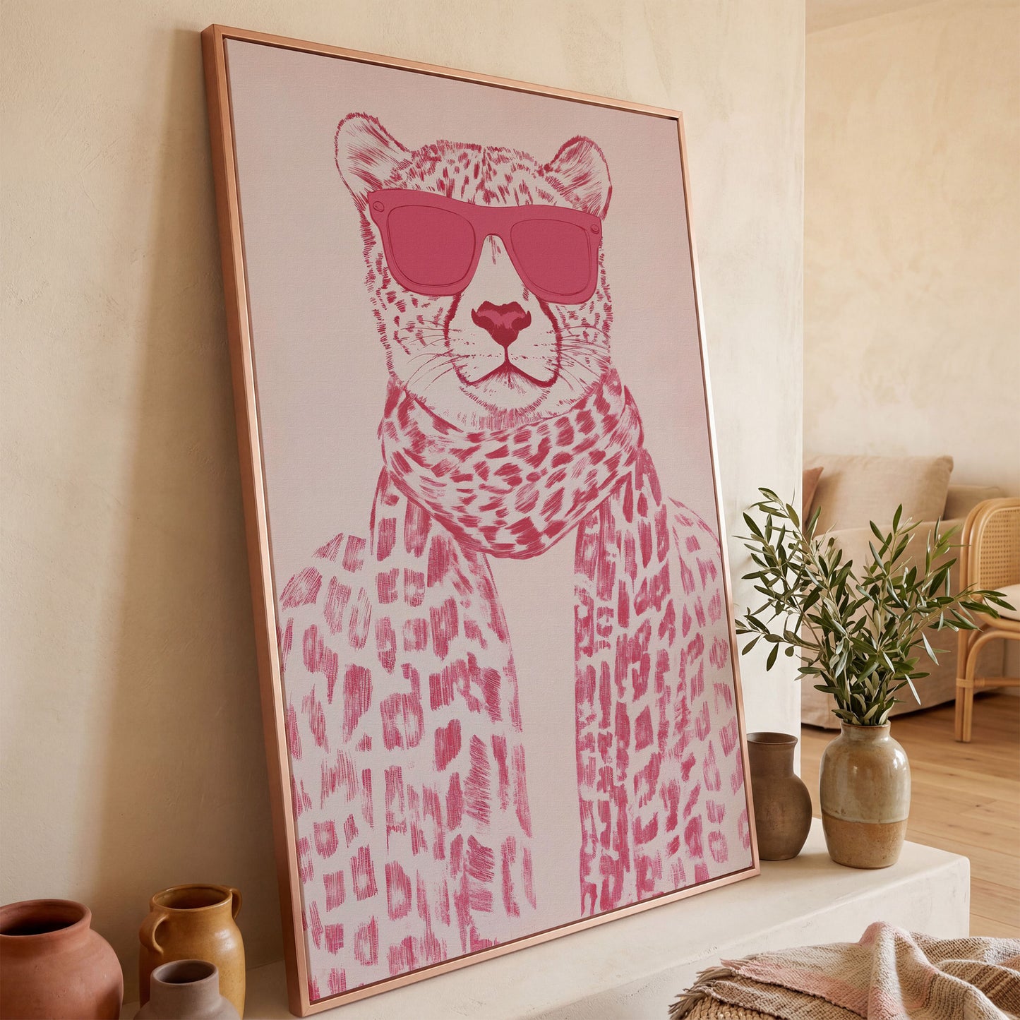 Stylish Cheetah with Pink Sunglasses Canvas Print in rose gold floating frame