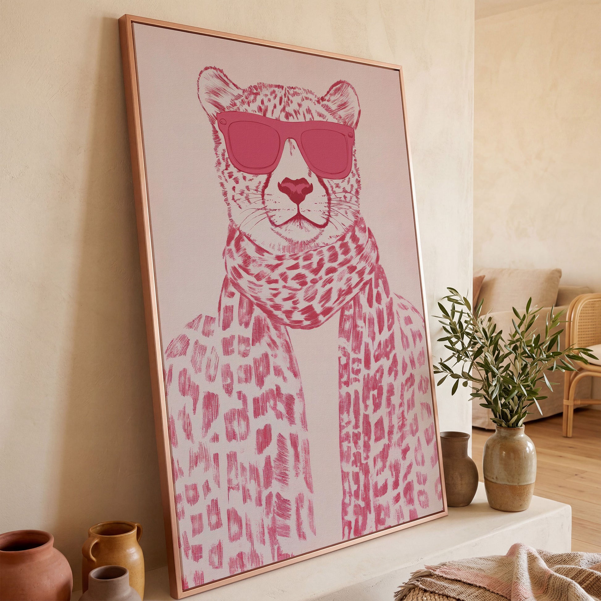 Stylish Cheetah with Pink Sunglasses Canvas Print in rose gold floating frame