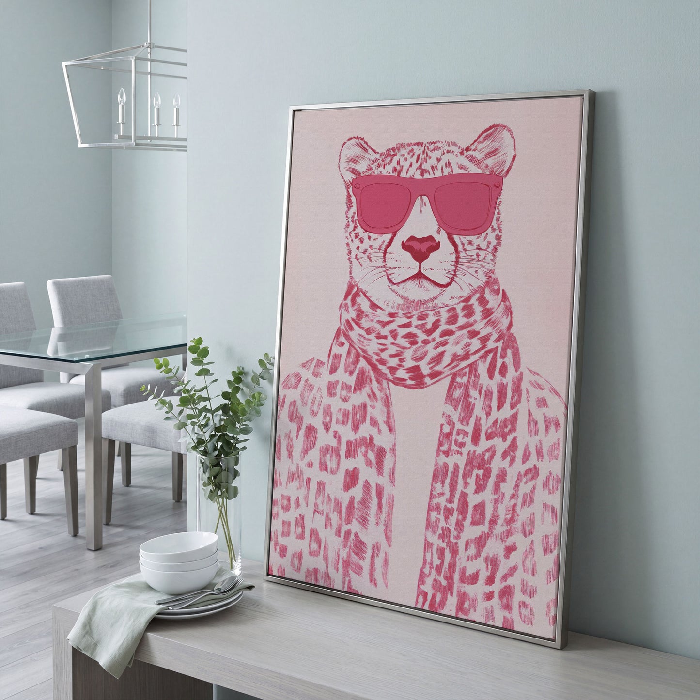 Stylish Cheetah with Pink Sunglasses Canvas Print in silver floating frame