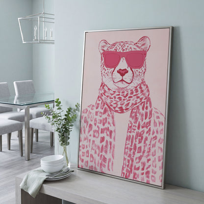 Stylish Cheetah with Pink Sunglasses Canvas Print in silver floating frame