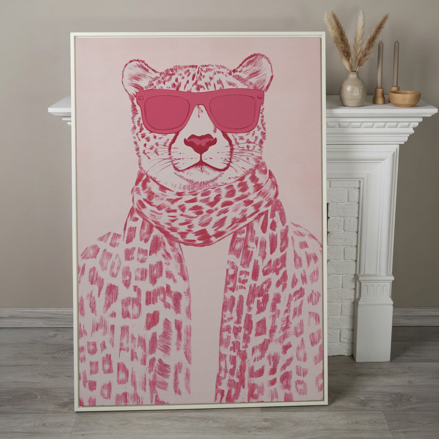 Stylish Cheetah with Pink Sunglasses Canvas Print in white floating frame
