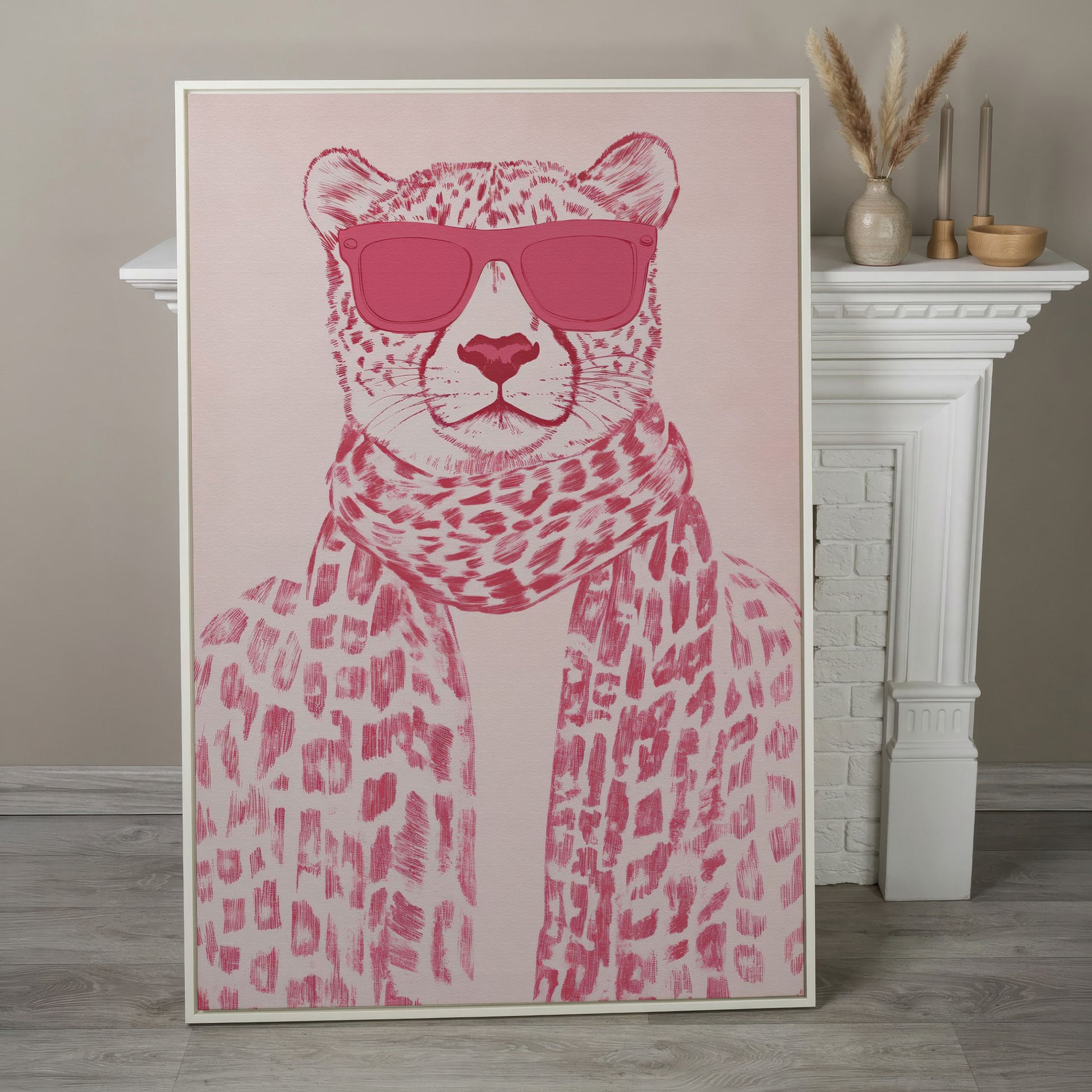 Stylish Cheetah with Pink Sunglasses Canvas Print in white floating frame