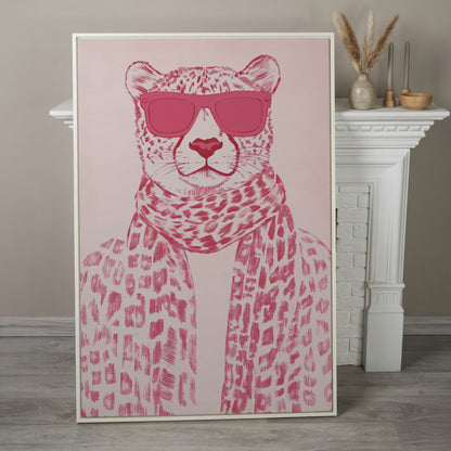 Stylish Cheetah with Pink Sunglasses Canvas Print in white floating frame