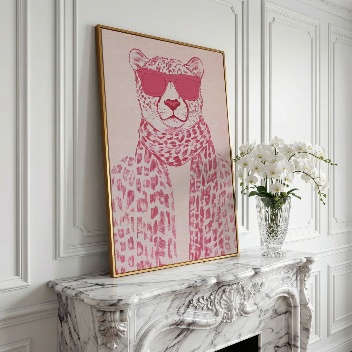 Stylish Cheetah with Pink Sunglasses Canvas Print in yellow gold floating frame