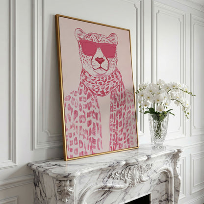 Stylish Cheetah with Pink Sunglasses Canvas Print in yellow gold floating frame