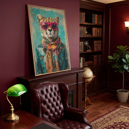 Cheetah with Sunglasses Canvas Print in antique gold floating frame