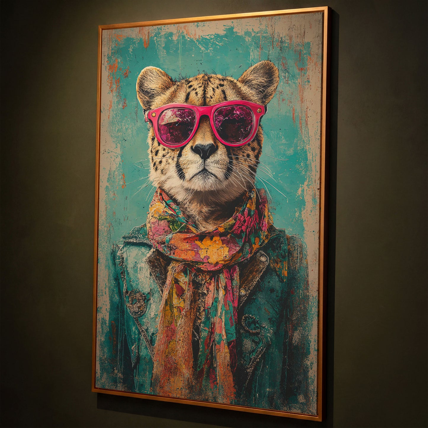 Cheetah with Sunglasses Canvas Print shown in antique gold floating frame