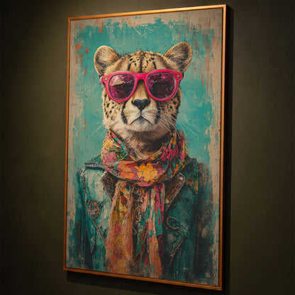 Cheetah with Sunglasses Canvas Print shown in antique gold floating frame
