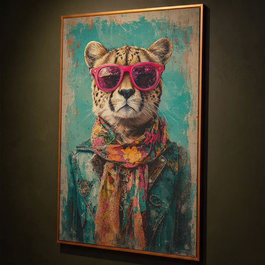 Cheetah with Sunglasses Canvas Print shown in antique gold floating frame