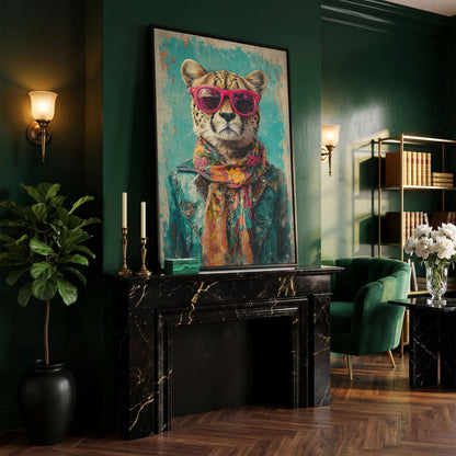 Cheetah with Sunglasses Canvas Print in black floating frame