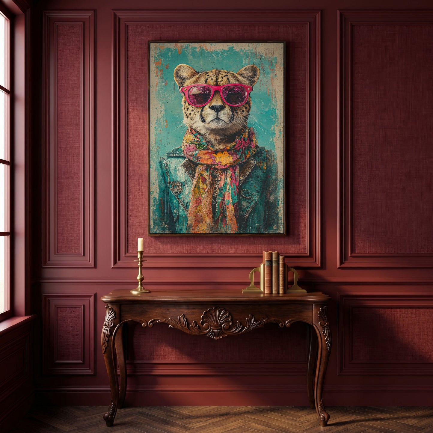 Cheetah with Sunglasses Canvas Print in dark walnut floating frame