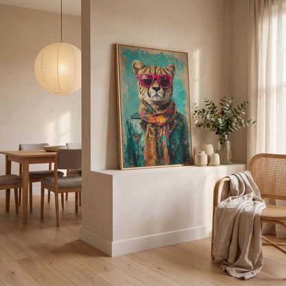 Cheetah with Sunglasses Canvas Print in white oak floating frame