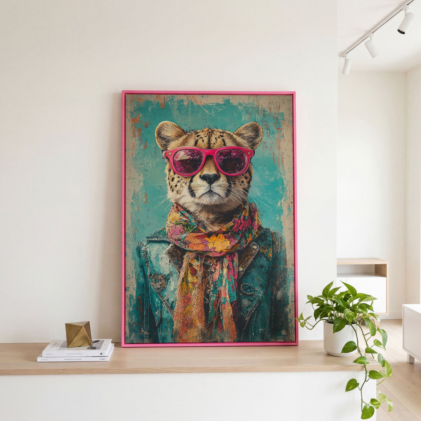 Cheetah with Sunglasses Canvas Print in pink floating frame
