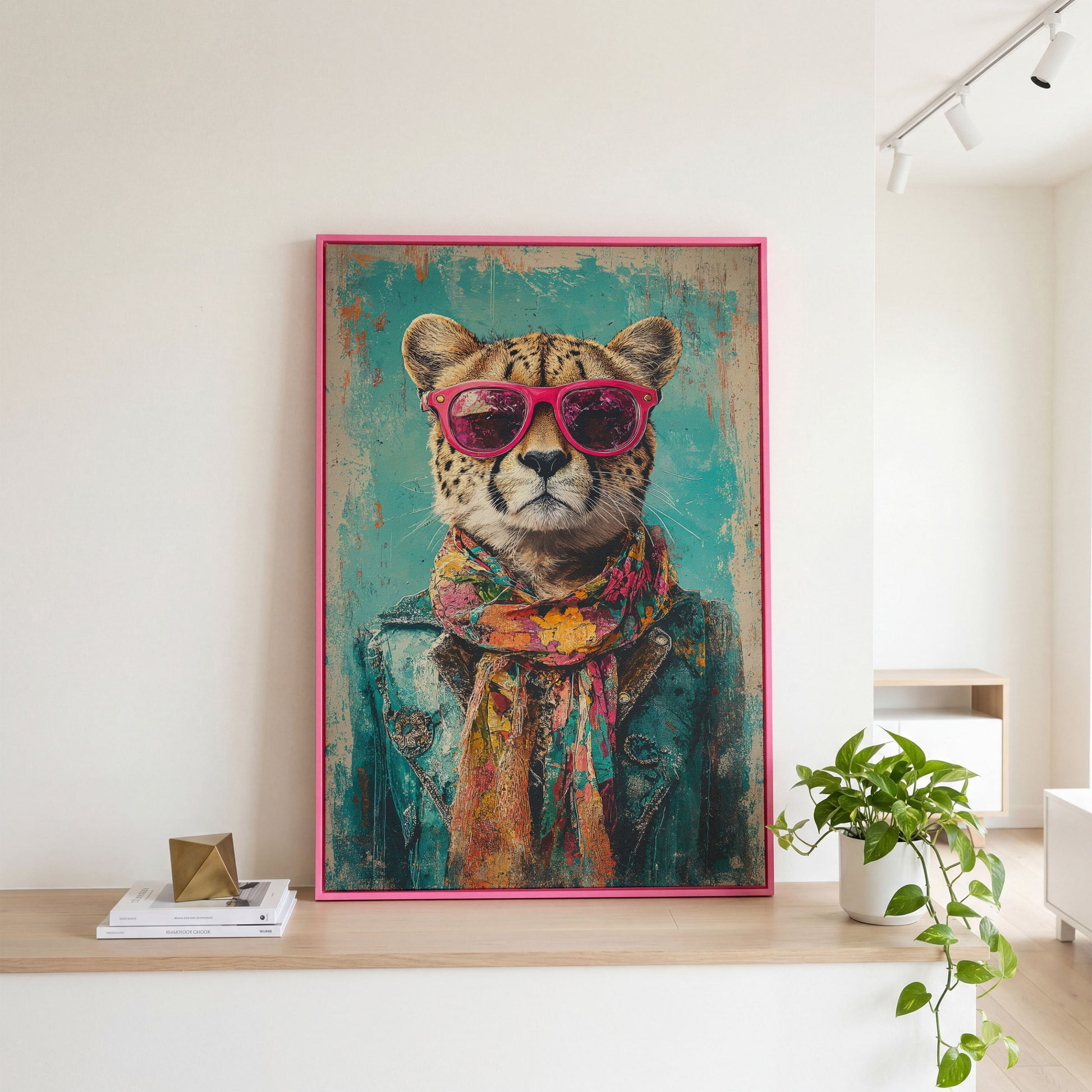 Cheetah with Sunglasses Canvas Print in pink floating frame