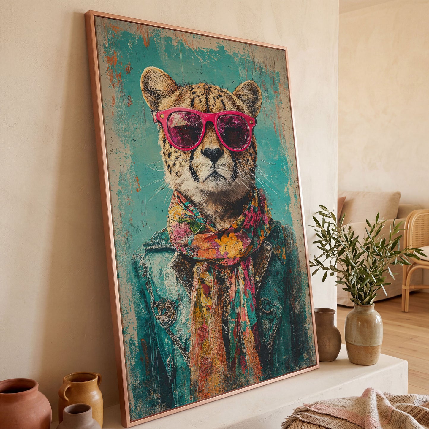 Cheetah with Sunglasses Canvas Print in rose gold floating frame