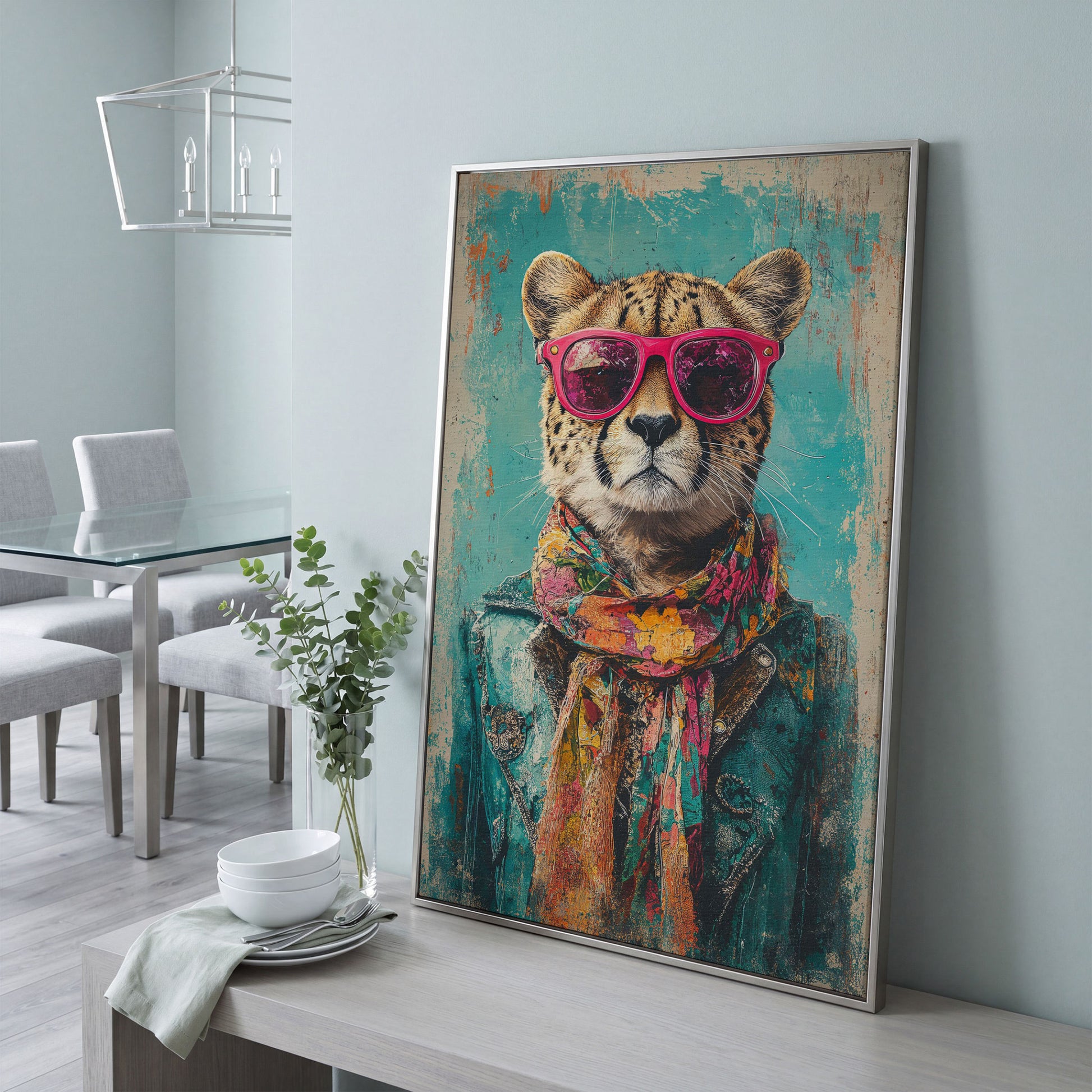 Cheetah with Sunglasses Canvas Print in silver floating frame