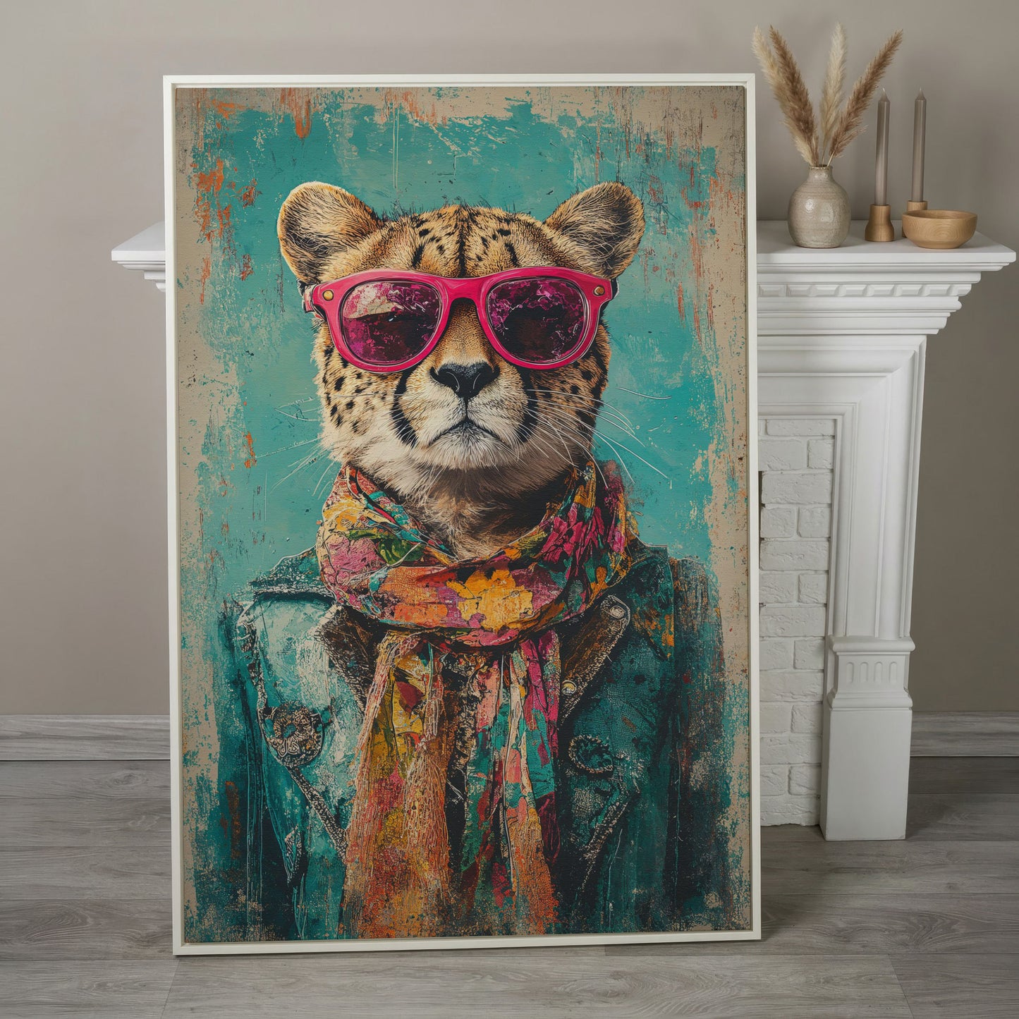 Cheetah with Sunglasses Canvas Print in white floating frame