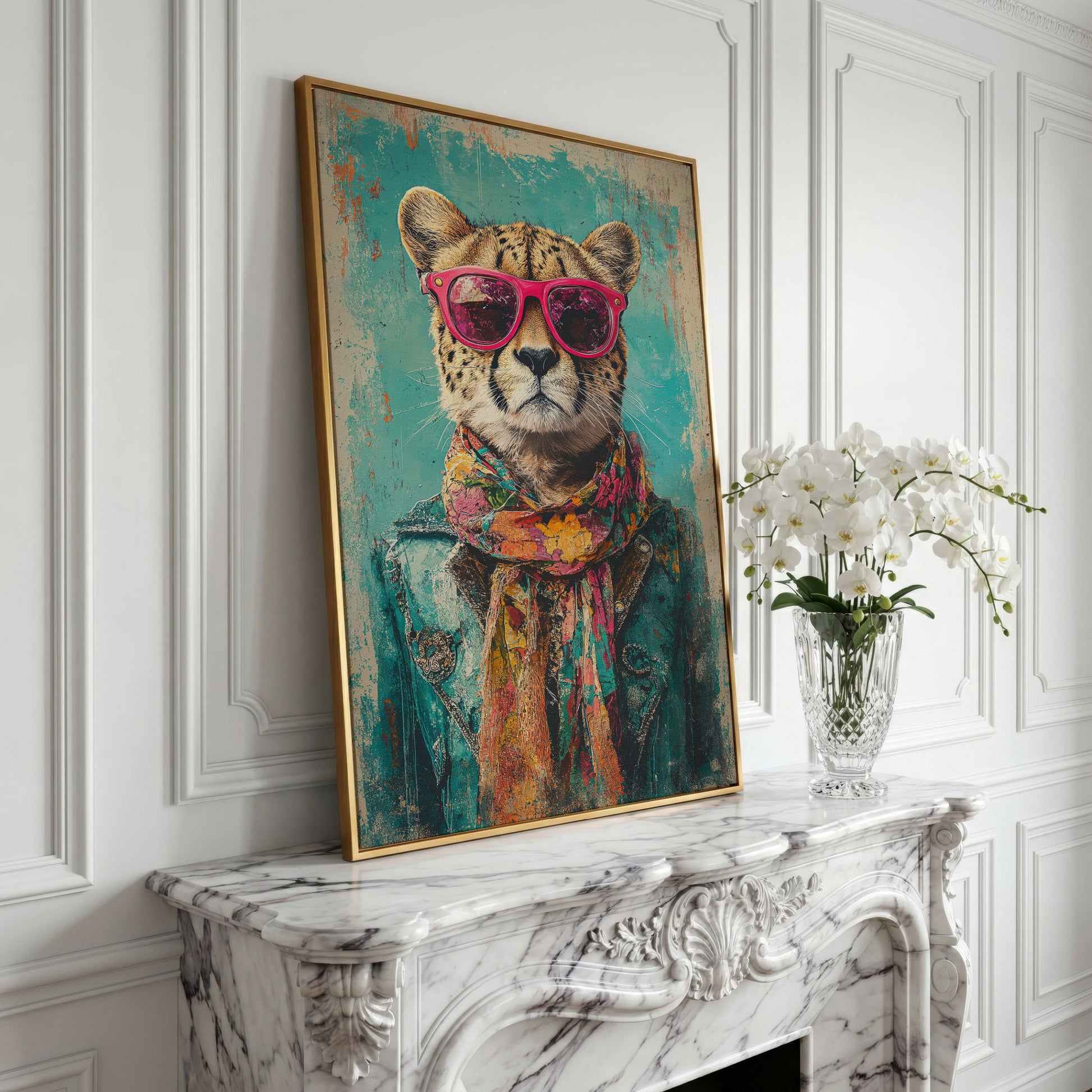 Cheetah with Sunglasses Canvas Print in yellow gold floating frame