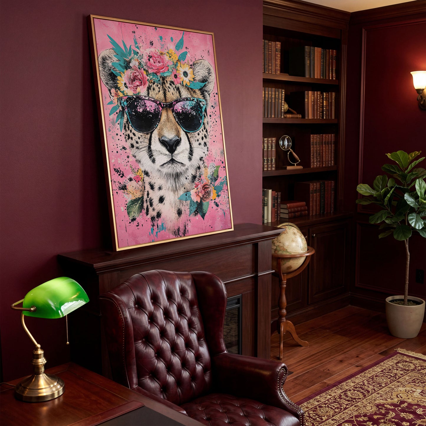 Cheetah with Floral Crown Canvas Print in antique gold floating frame