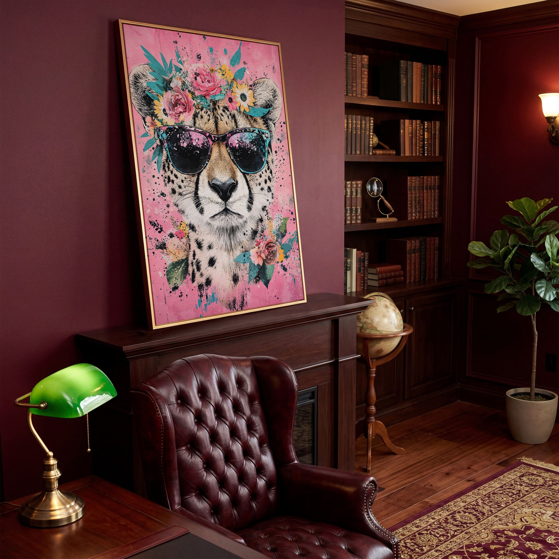 Cheetah with Floral Crown Canvas Print in antique gold floating frame