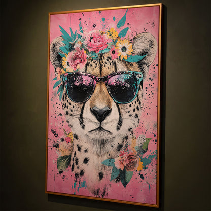 Cheetah with Floral Crown Canvas Print shown in antique gold floating frame