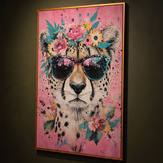 Cheetah with Floral Crown Canvas Print shown in antique gold floating frame