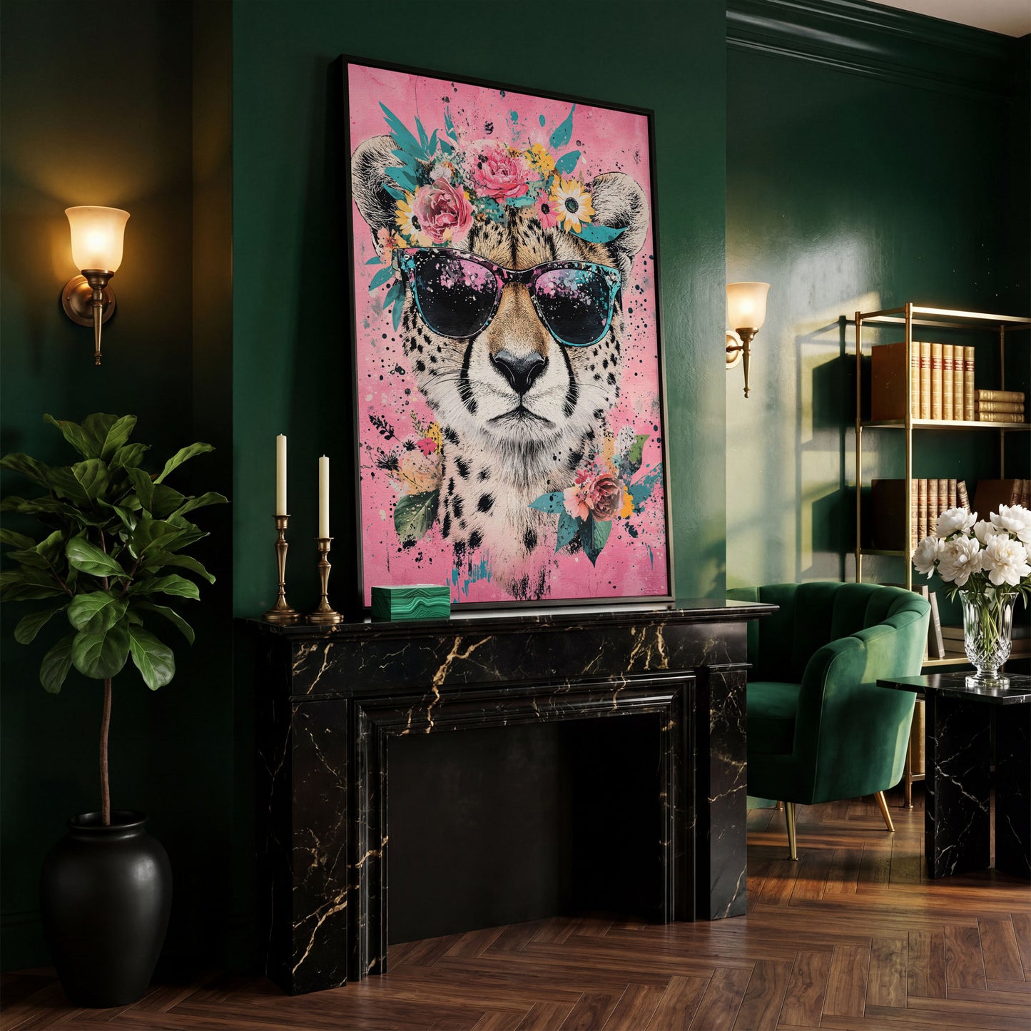 Cheetah with Floral Crown Canvas Print in black floating frame