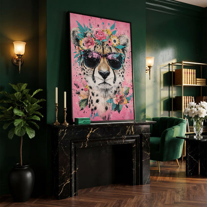 Cheetah with Floral Crown Canvas Print in black floating frame