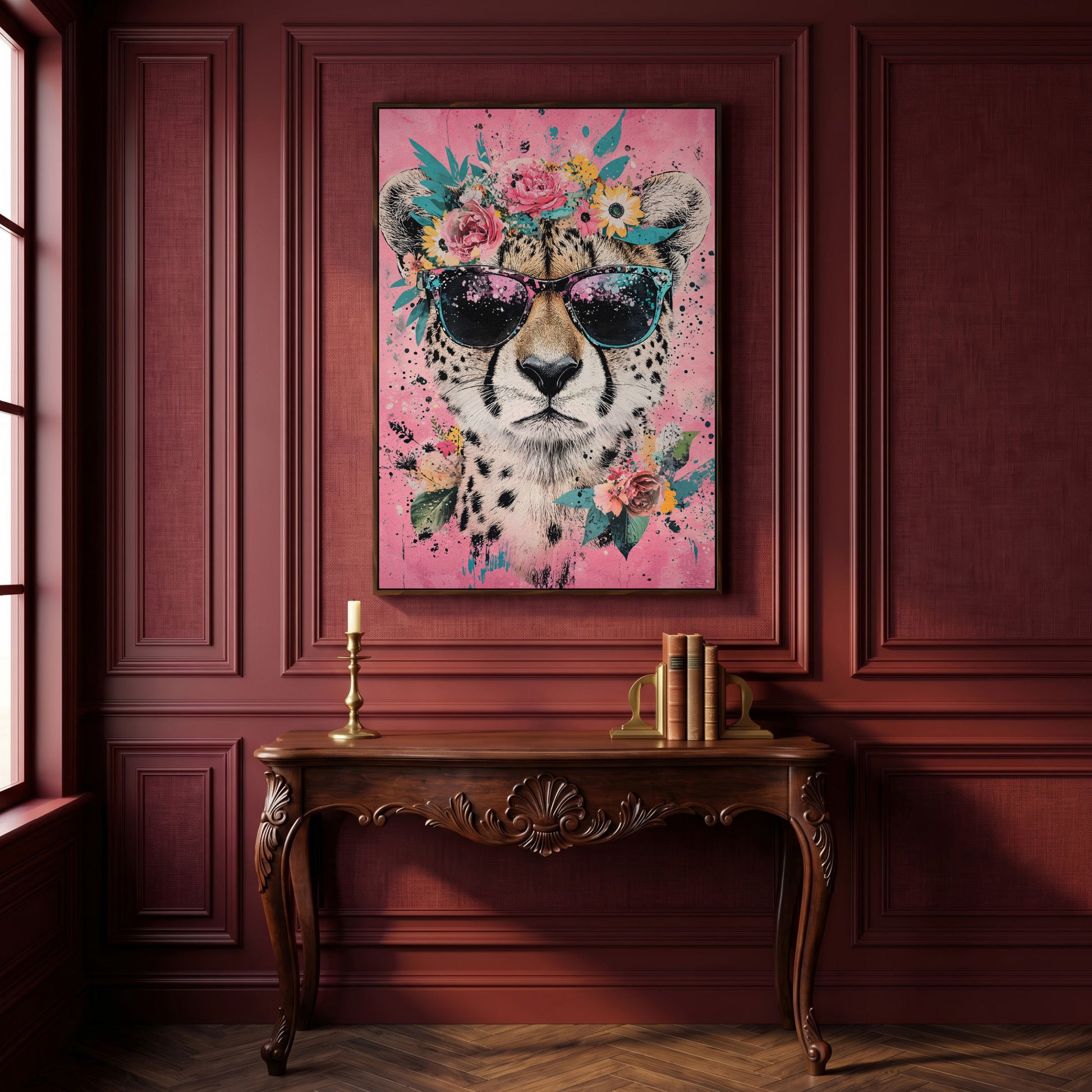 Cheetah with Floral Crown Canvas Print in dark walnut floating frame