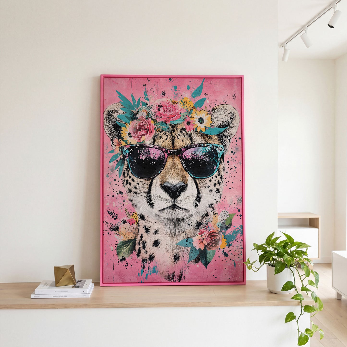Cheetah with Floral Crown Canvas Print in pink floating frame
