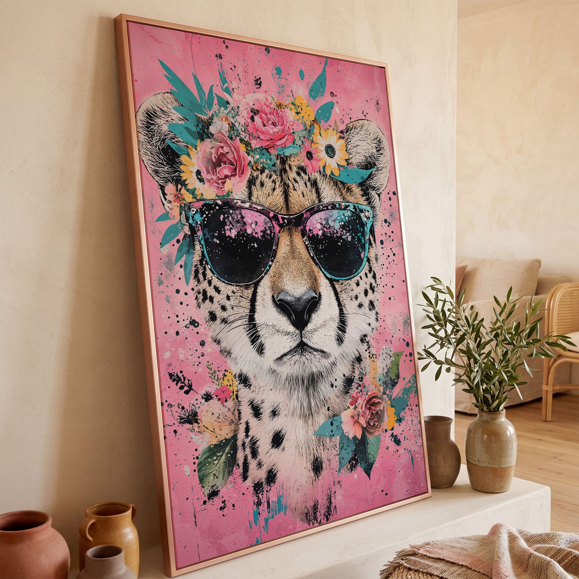 Cheetah with Floral Crown Canvas Print in rose gold floating frame