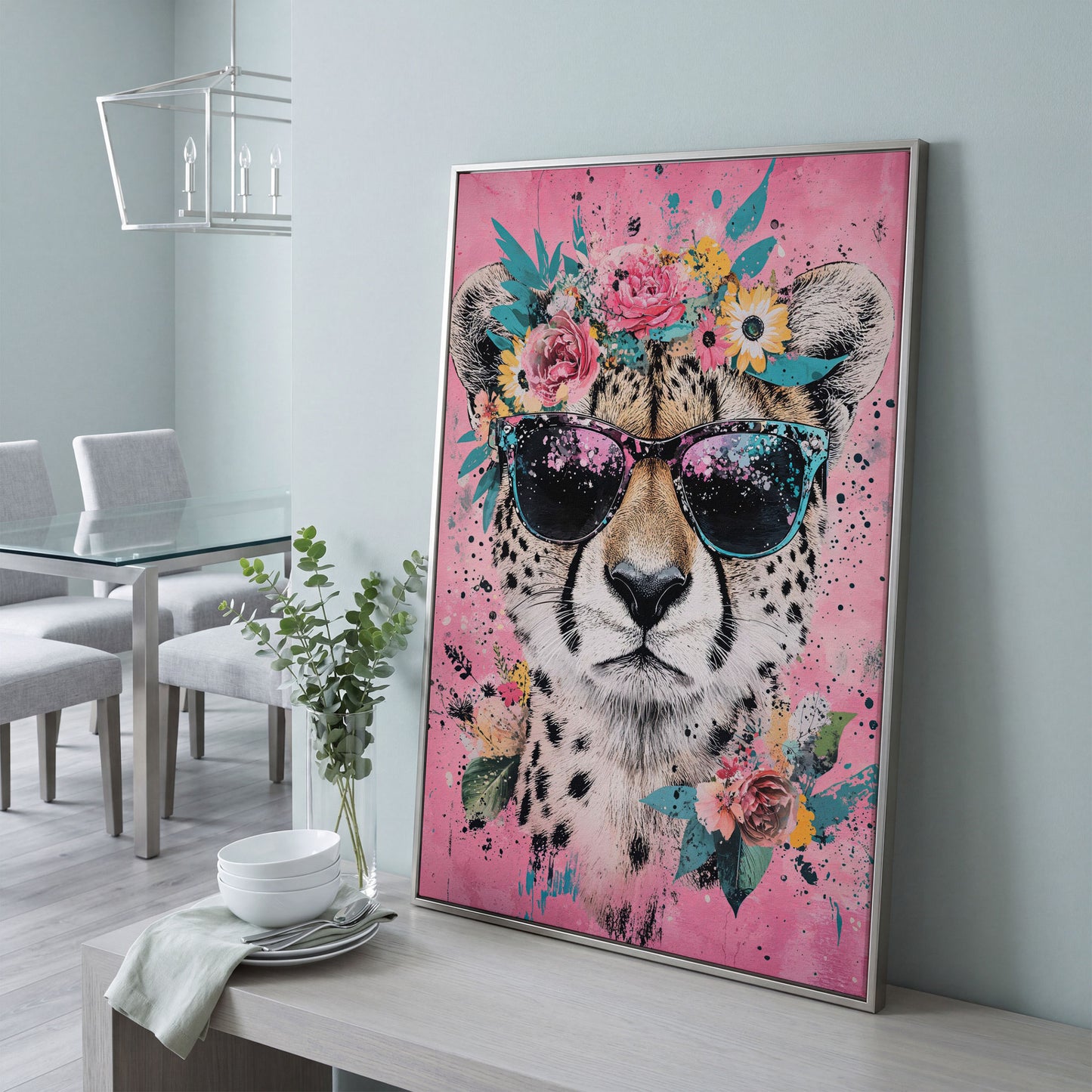 Cheetah with Floral Crown Canvas Print in silver floating frame
