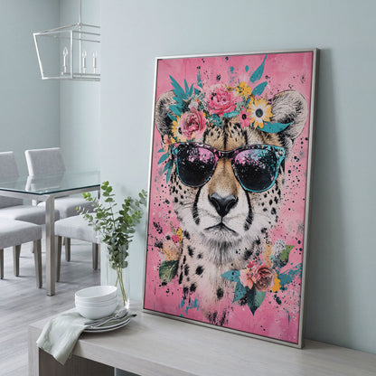 Cheetah with Floral Crown Canvas Print in silver floating frame