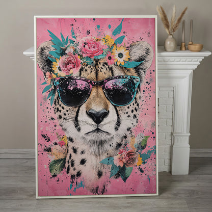 Cheetah with Floral Crown Canvas Print in white floating frame