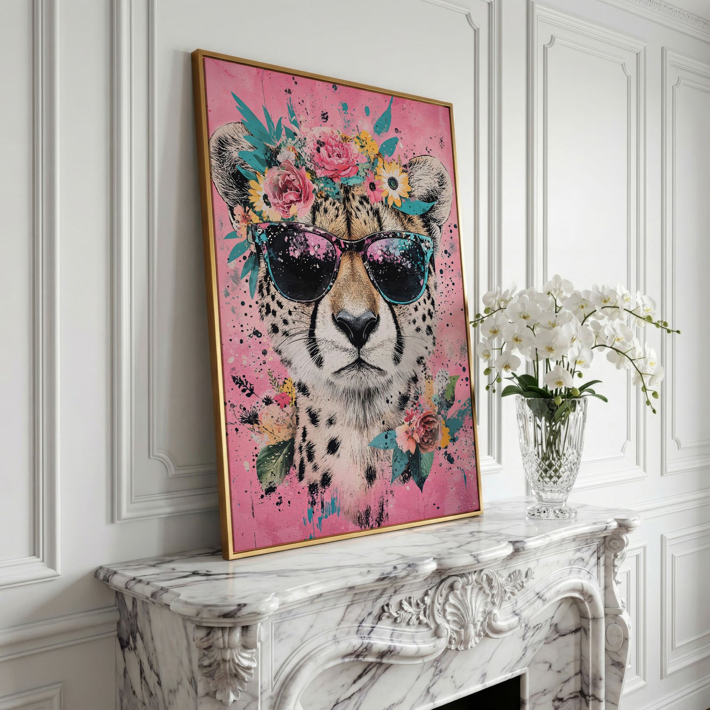 Cheetah with Floral Crown Canvas Print in yellow gold floating frame