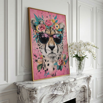 Cheetah with Floral Crown Canvas Print in yellow gold floating frame