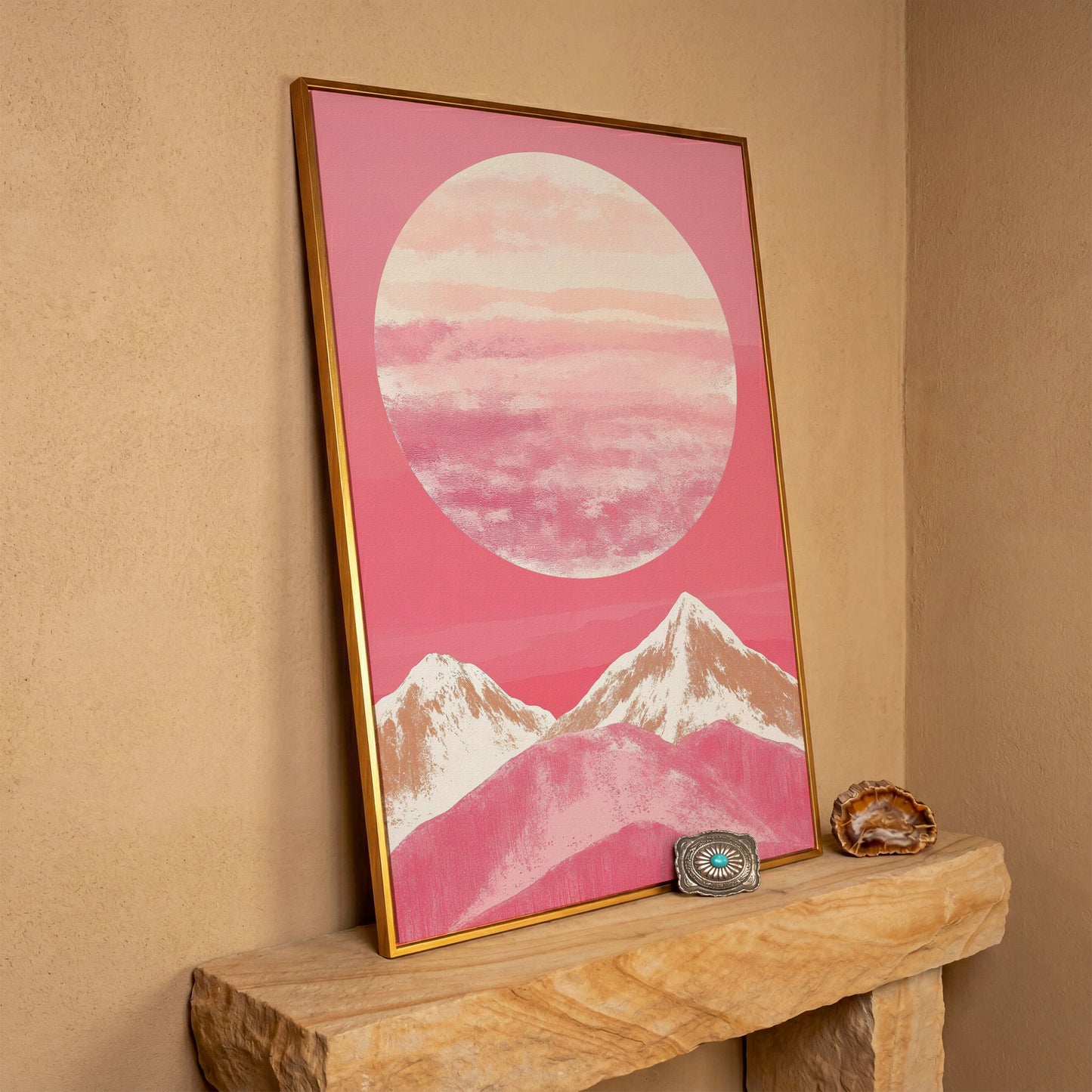 Pink Mountain Sunset Canvas in antique gold floating frame