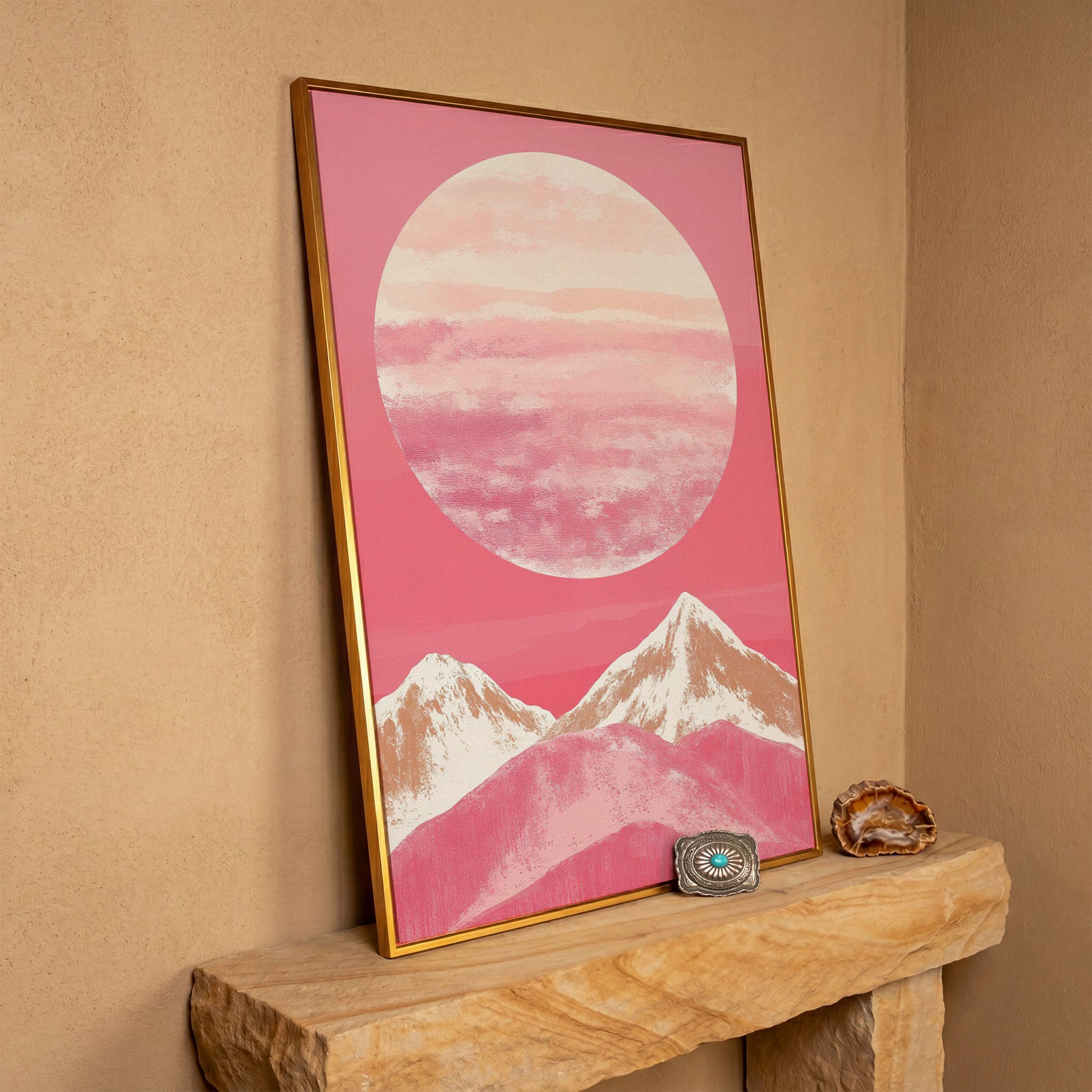 Pink Mountain Sunset Canvas in antique gold floating frame