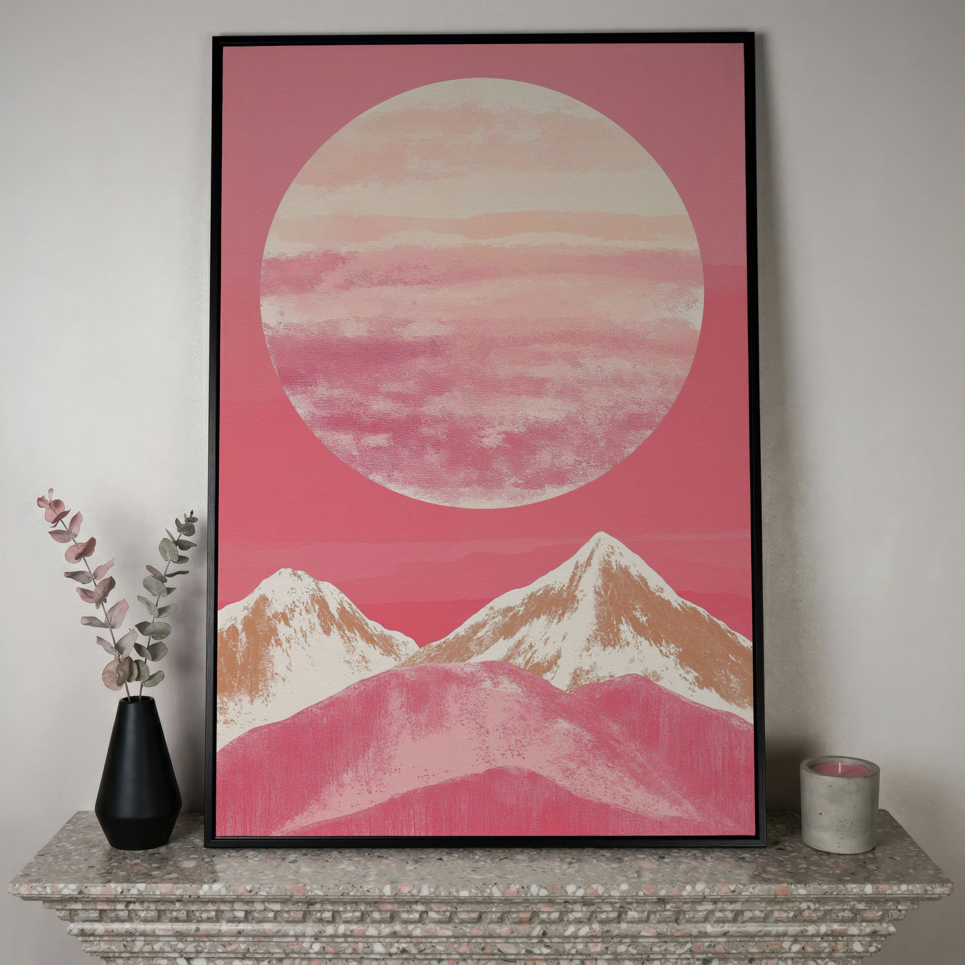 Pink Mountain Sunset Canvas in black floating frame