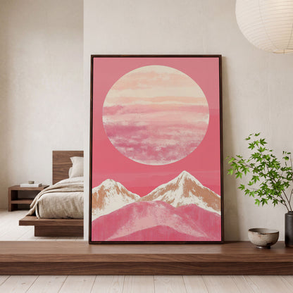 Pink Mountain Sunset Canvas in dark walnut floating frame